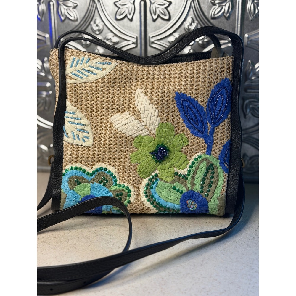 American Leather Co. Auburn Novelty Convertible Crossbody Cool Lagoon Raffia OS - Picture 2 of 9
